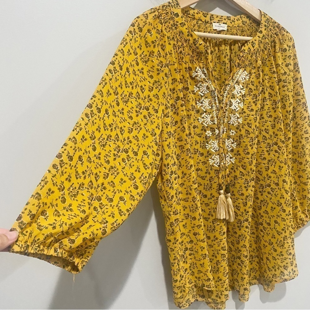 MASON & BELLE Mustard Yellow Peasant Top Embroidered Ditsy Floral Boho Size 1X - Picture 3 of 10